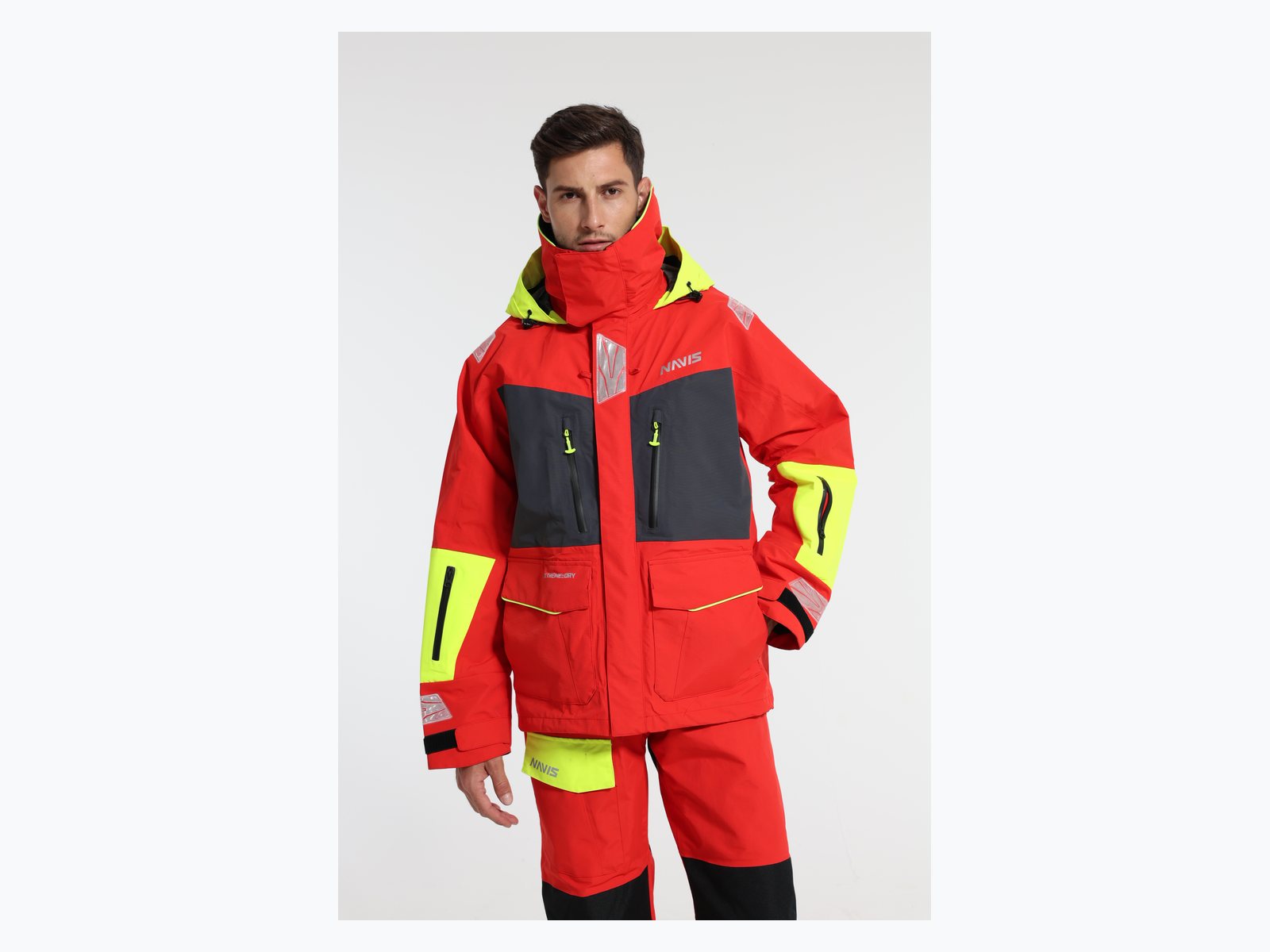 Red custom sailing jacket model wearing high collar waterproof marine outerwear for OEM program review