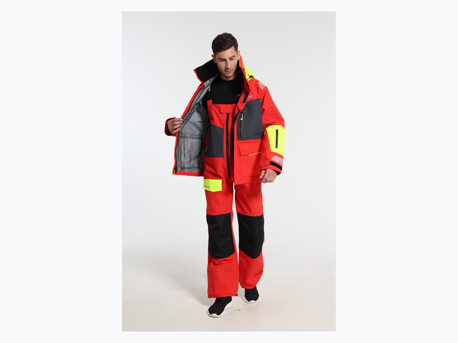 Red custom sailing jacket open front detail showing inner construction for OEM review