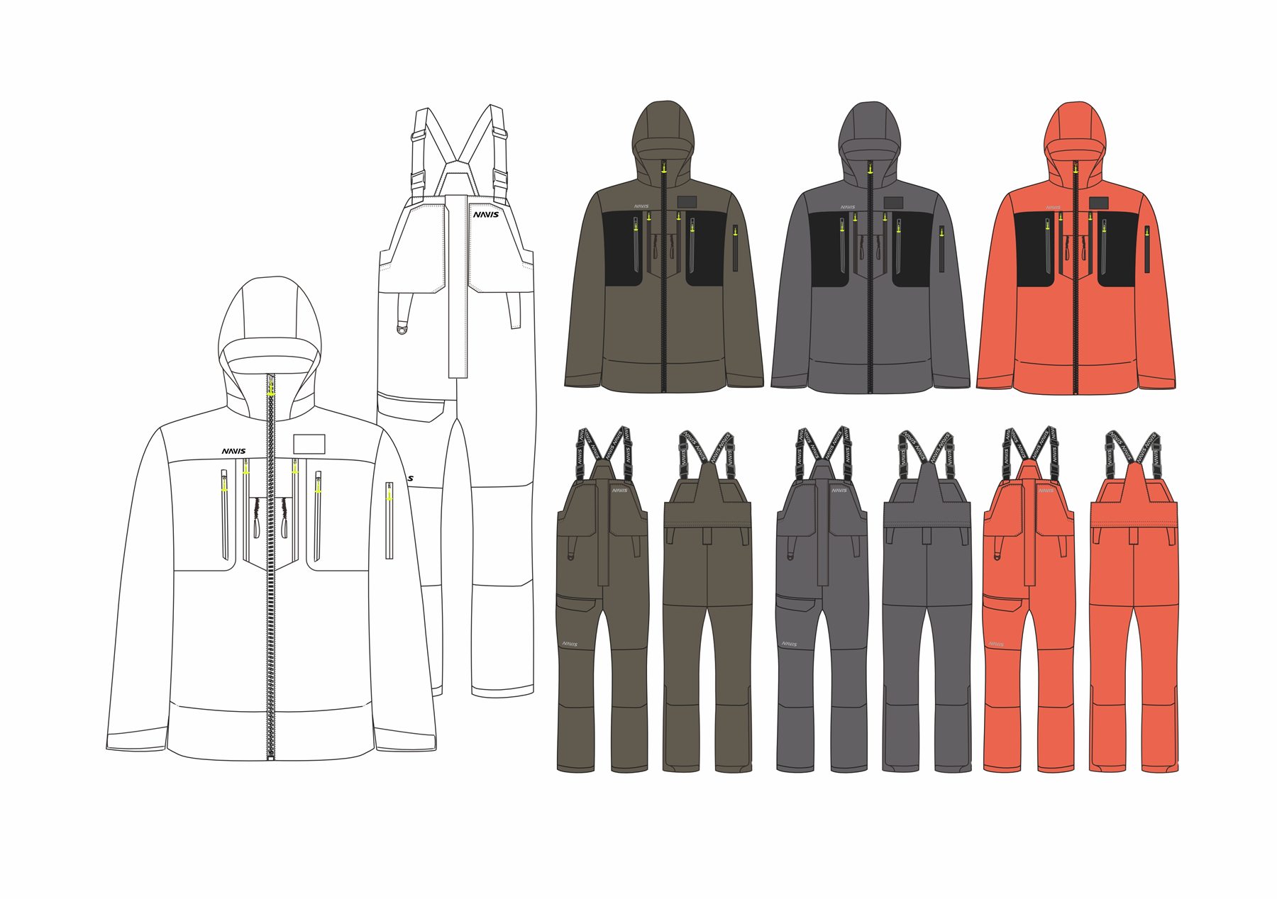 OEM technical jacket and bib pants design sheet with color options