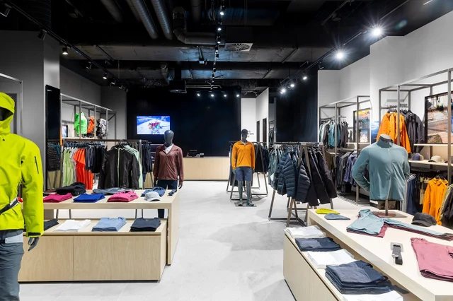 Outdoor apparel showroom for B2B technical outerwear program review